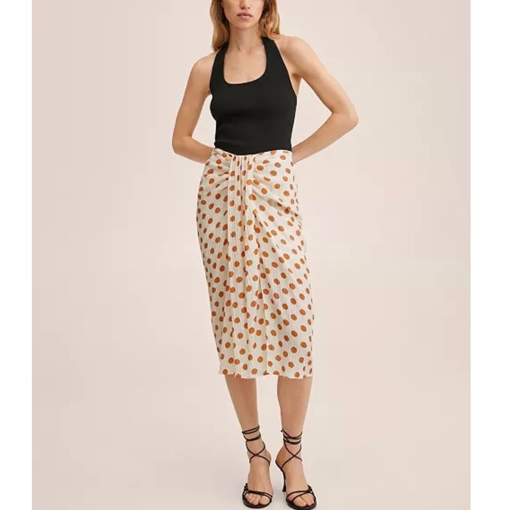 MNG Mango Polka Dot Draped Sarong Midi Skirt Cream Terracotta Brown Size L EUC